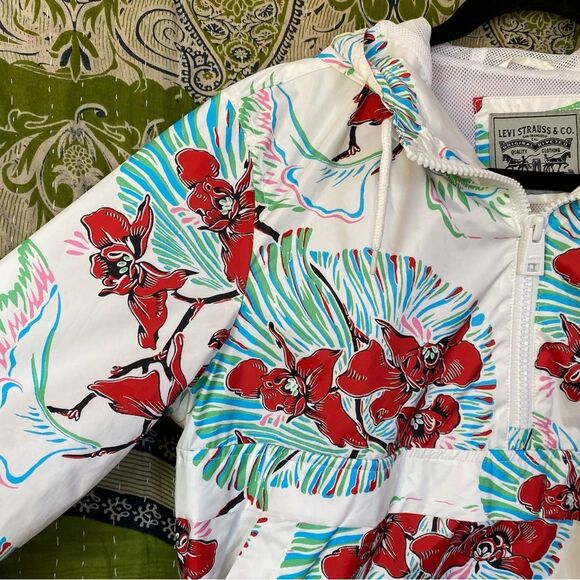 Like New Levi's White Tropical Retro Windbreaker Hooded Jacket Size Medium - Picture 5 of 16